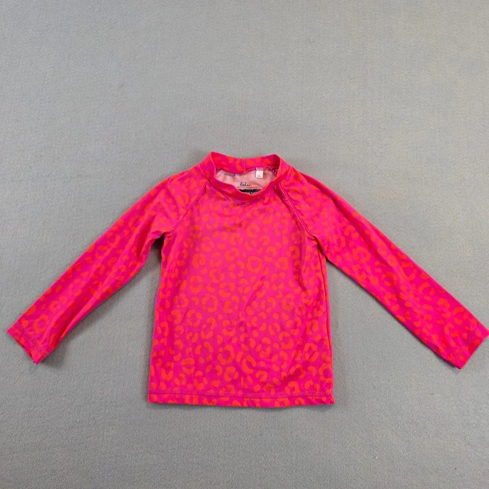 Boden Kids Pink Orange Leopard Print Long Sleeve Rash Guard UPF 40+ Size 4-5Y